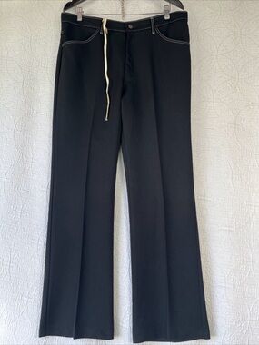 Vintage 70s Farah Polyester Pants Mens 36x32 Black White Stitching Western Disco